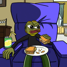 a cartoon of a frog sitting in a chair eating a sandwich and drinking a soda