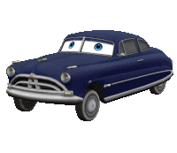 a blue car with white eyes and the letter h on the side