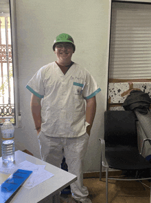 a man wearing a green helmet and a white shirt that says dr. martin