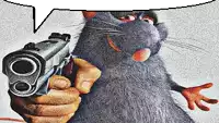 a person is holding a gun in front of a cartoon rat .