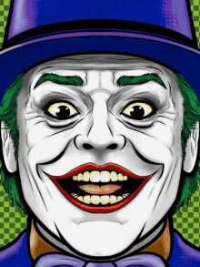 a close up of a joker 's face with a purple hat and bow tie