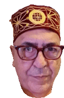 a man wearing glasses and a red hat with gold embroidery on it