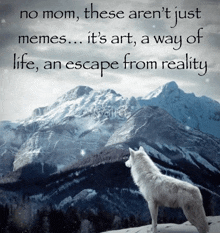 a wolf is standing in front of a snowy mountain with a quote that says no mom these aren t just memes