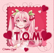 a picture of a girl with cherry ears and the words t.q.m. on it