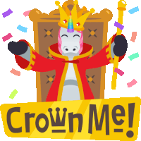 an illustration of a unicorn wearing a crown and holding a cane with the words crown me