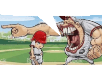 a cartoon of a baseball player pointing at another player with his mouth wide open