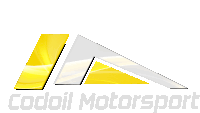 a logo for codoil motorsport with a yellow triangle on a white background