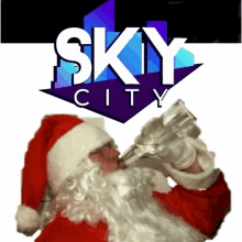 a picture of santa claus with a sky city logo behind him