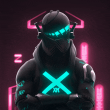 a man in a futuristic suit with a neon x on his chest