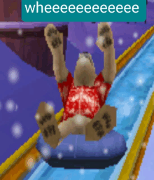 a teddy bear is sliding down a water slide with a caption that says wheeee