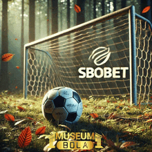 a soccer ball is in front of a soccer goal with a sbobet logo