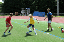 a boy in a yellow jersey is kicking a soccer ball on a field