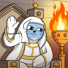 a cartoon drawing of a cat sitting on a throne with a torch in front of him