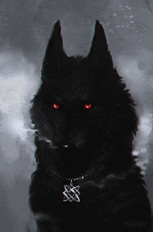 a black wolf with red eyes and a necklace with a celtic symbol on it