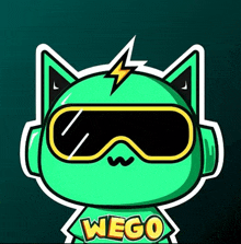 a green cartoon character with headphones and goggles has the word wego on his chest