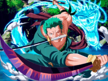 a man with green hair is holding a sword with a waterfall in the background