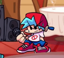 a cartoon character is holding a microphone and singing into it .