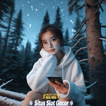 a woman sitting in the snow looking at her phone with situs slot gacor in the corner