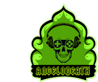 a green skull with headphones and the words angelodeath on the bottom