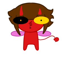 a cartoon drawing of a red devil with brown hair