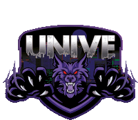 a purple and black logo with the word unive