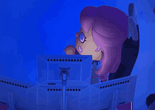 a cartoon character with purple hair is sitting in front of a computer screen