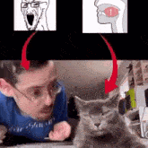 a man and a cat are looking at each other while a cartoon of a cat 's mouth is shown .