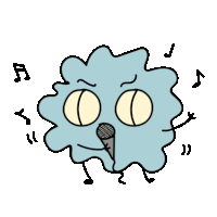 a cartoon character is singing into a microphone with music notes around it .