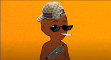 a cartoon character wearing a gucci hat and sunglasses is smoking a cigarette