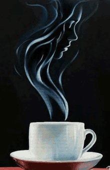 a painting of a cup of coffee with smoke coming out of it and a woman 's face in the background .