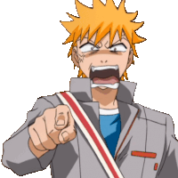 a man with orange hair is pointing at the camera with his mouth open