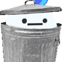 a garbage can with a face on it and a blue balloon on top .