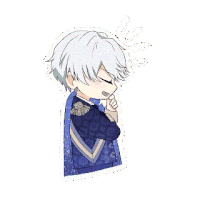 a drawing of a boy with white hair and a blue jacket .