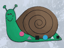 a green snail with a brown shell is surrounded by various shapes