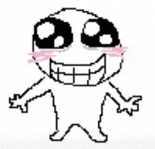 a pixel art drawing of a cartoon character with big eyes and a big smile on his face .