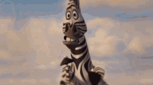 a cartoon zebra is standing in a field with a cloudy sky in the background