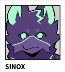 a drawing of a purple monster with the name sinox on the bottom