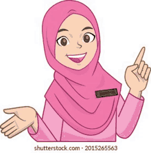 a cartoon illustration of a woman wearing a pink hijab pointing up with her finger .