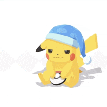 a pikachu wearing a blue hat is holding a poke ball