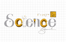 a drawing of the word science with a copper periodic table