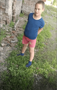 a young boy wearing a blue shirt and pink shorts stands in the grass