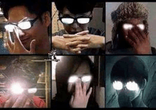 a group of people wearing glasses and covering their faces .