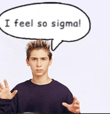 a young boy with a speech bubble that says i feel so sigma