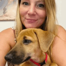 a woman is holding a brown dog with a red collar in her arms .