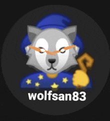 a cartoon wolf wearing a wizard hat and holding a cane with the name wolfsan83 below it