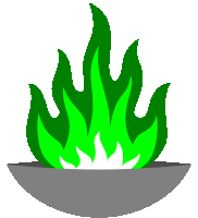 a drawing of green flames in a gray bowl