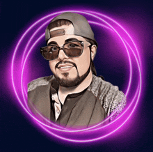 a man wearing sunglasses and a hat is surrounded by a purple circle