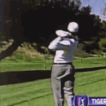 a man is swinging a golf club on a golf course in front of a sign that says tiger .