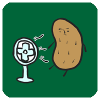 a cartoon of a potato and a fan on a green background