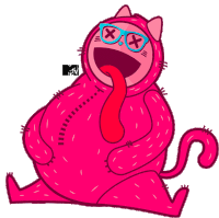 a cartoon drawing of a fat pink cat with glasses and a mtv logo